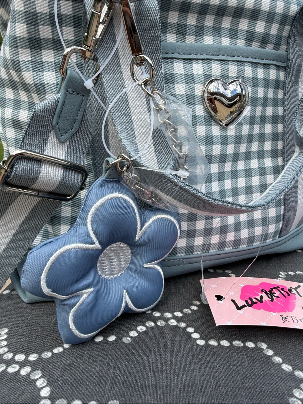 Betsey Johnson Blue and White Gingham Crossbody Bag with Flower Charm NWT - Picture 2 of 8